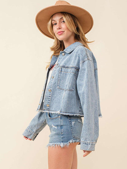 Denim Jackets- Love at the Back Heart Sequined Patched Denim Jacket | Crop Shacket- - IndioGear Fashion and Gear