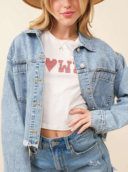 Denim Jackets- Love at the Back Heart Sequined Patched Denim Jacket | Crop Shacket- - IndioGear Fashion and Gear