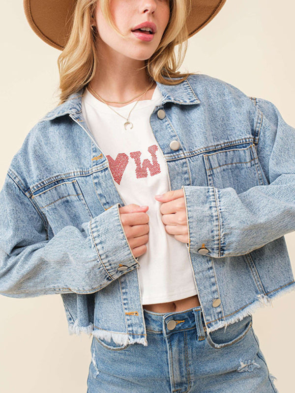 Denim Jackets- Love at the Back Heart Sequined Patched Denim Jacket | Crop Shacket- Blue- IndioGear Fashion and Gear