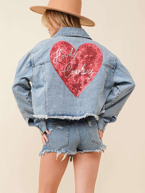 Denim Jackets- Love at the Back Heart Sequined Patched Denim Jacket | Crop Shacket- - IndioGear Fashion and Gear