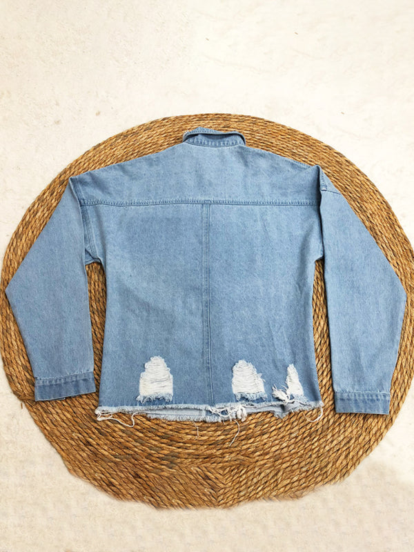 Denim Jackets- Retro Distressed Jean Jacket - Button Front Denim Country Jacket- - Pekosa Women Clothing