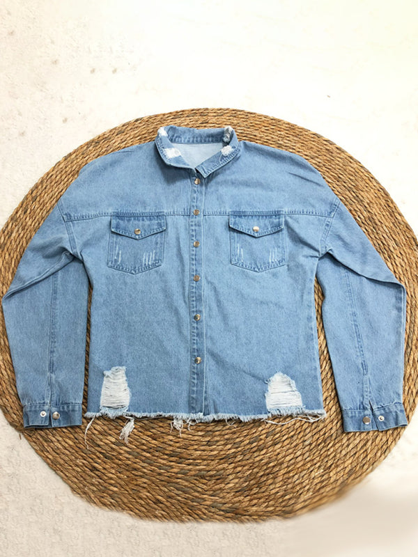 Denim Jackets- Retro Distressed Jean Jacket - Button Front Denim Country Jacket- - Pekosa Women Clothing