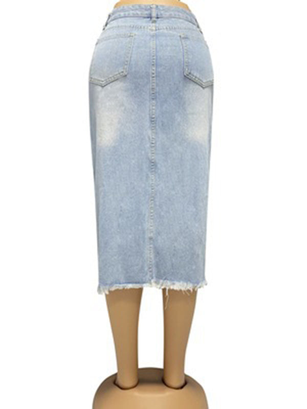 Denim Midi Skirt- High-Waisted Washed Denim Midi Skirt with Slit- - IndioGear Fashion and Gear