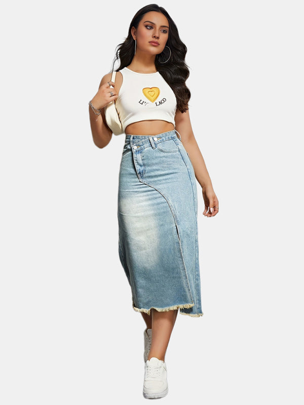 Denim Midi Skirt- High-Waisted Washed Denim Midi Skirt with Slit- - IndioGear Fashion and Gear