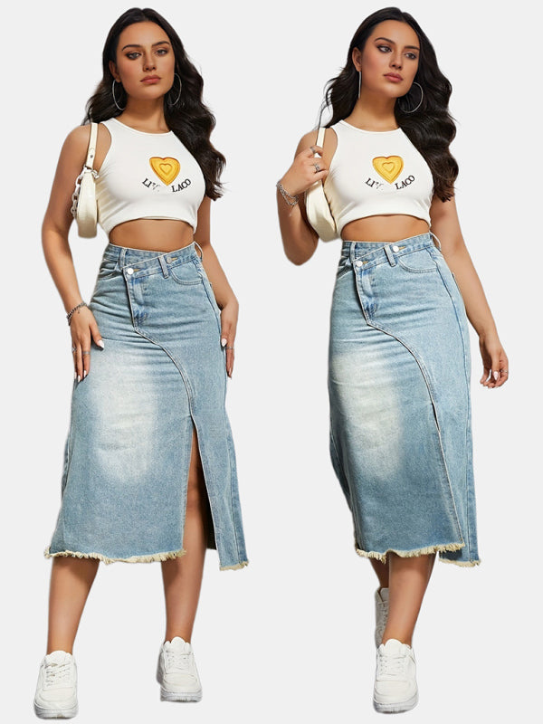 Denim Midi Skirt- High-Waisted Washed Denim Midi Skirt with Slit- - IndioGear Fashion and Gear