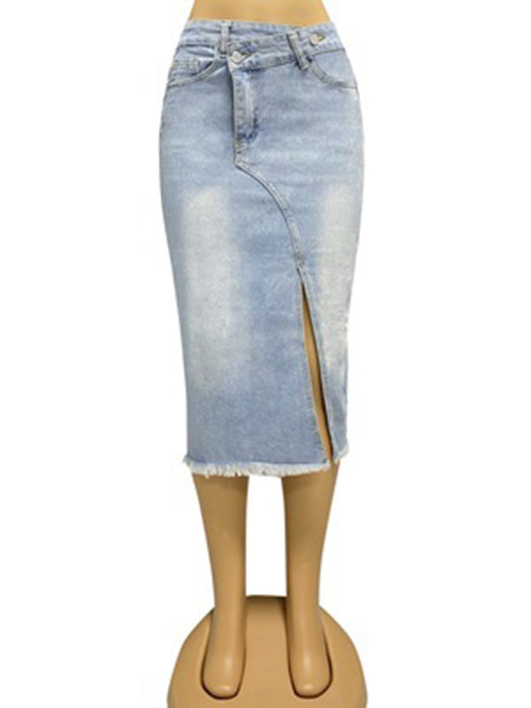 Denim Midi Skirt- High-Waisted Washed Denim Midi Skirt with Slit- - IndioGear Fashion and Gear