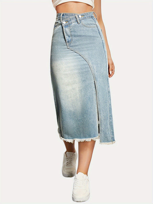 Denim Midi Skirt- High-Waisted Washed Denim Midi Skirt with Slit- Blue- IndioGear Fashion and Gear