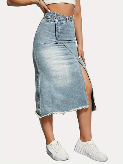 Denim Midi Skirt- High-Waisted Washed Denim Midi Skirt with Slit- - IndioGear Fashion and Gear