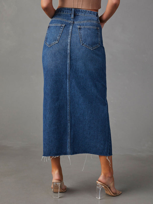 Denim Skirts- Distressed Washed Denim Slit Midi Skirt for Women- - IndioGear Fashion and Gear