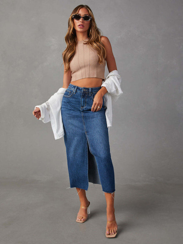 Denim Skirts- Distressed Washed Denim Slit Midi Skirt for Women- - IndioGear Fashion and Gear