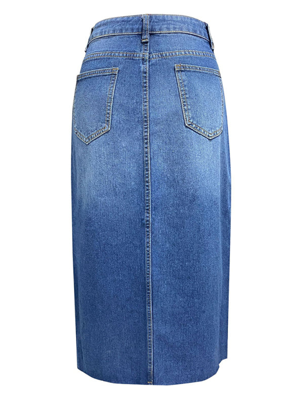 Denim Skirts- Distressed Washed Denim Slit Midi Skirt for Women- - IndioGear Fashion and Gear