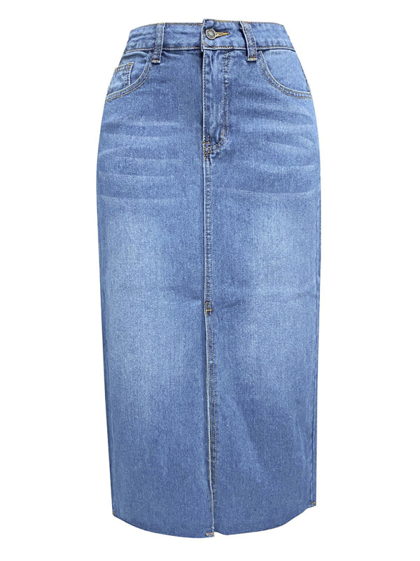 Denim Skirts- Distressed Washed Denim Slit Midi Skirt for Women- - IndioGear Fashion and Gear