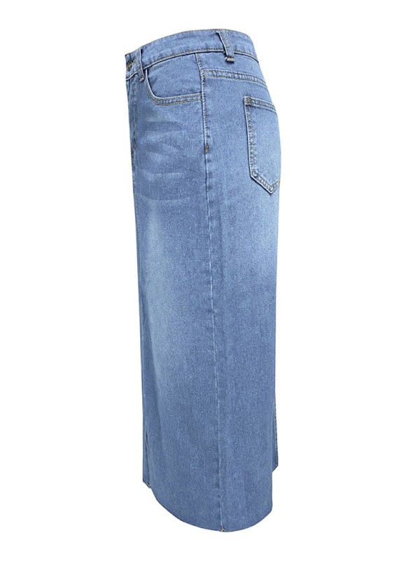 Denim Skirts- Distressed Washed Denim Slit Midi Skirt for Women- - IndioGear Fashion and Gear