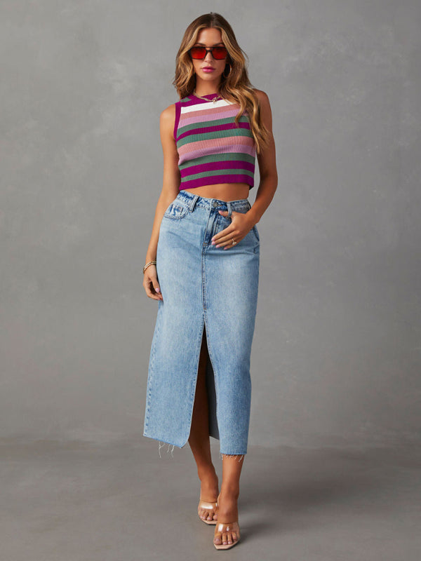 Denim Skirts- Distressed Washed Denim Slit Midi Skirt for Women- - IndioGear Fashion and Gear