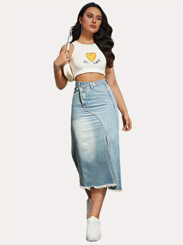 Denim Skirts- Distressed Washed Denim Slit Skirt with High Waist Twist- - IndioGear Fashion and Gear