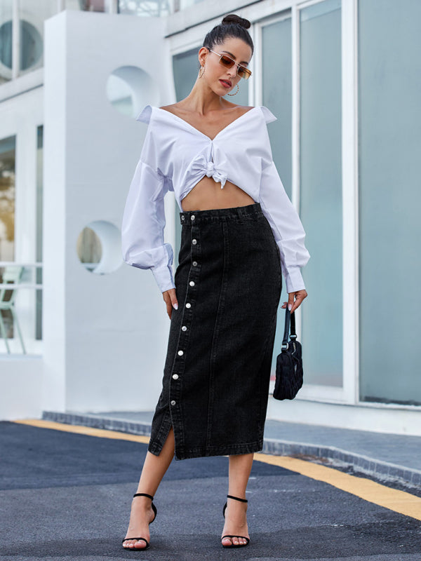 Denim Skirts- Solid Cotton Denim Button Down Slit Midi Skirt- - IndioGear Fashion and Gear