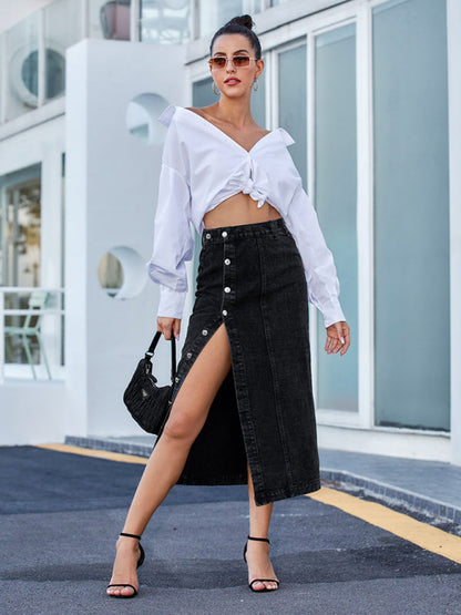 Denim Skirts- Solid Cotton Denim Button Down Slit Midi Skirt- - IndioGear Fashion and Gear