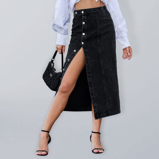 Denim Skirts- Solid Cotton Denim Button Down Slit Midi Skirt- Black- IndioGear Fashion and Gear