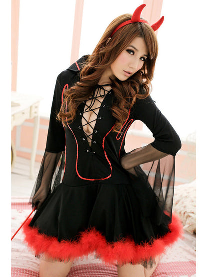 Devil Costume- Gothic Devil Costume: Cosplay Dress + Fork + Horns - Halloween Ready!- Black- IndioGear Fashion and Gear