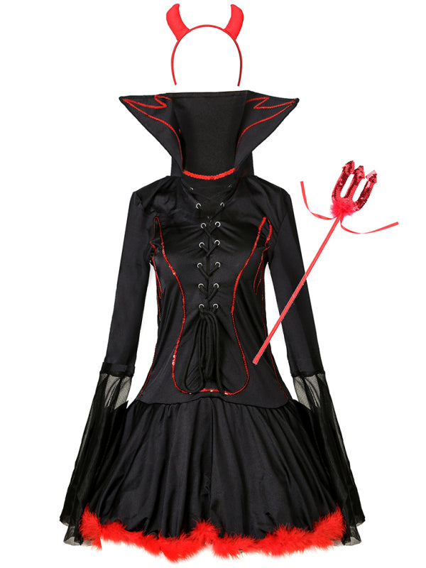 Devil Costume- Gothic Devil Costume: Cosplay Dress + Fork + Horns - Halloween Ready!- - IndioGear Fashion and Gear