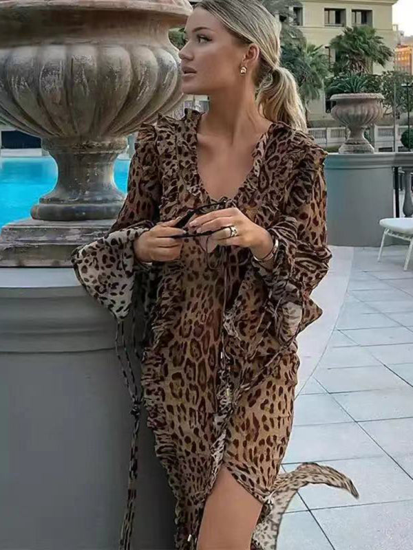 Disco Dresses- Animal Print Long Sleeve Slit Maxi Dress for Nighttime Events- - IndioGear Fashion and Gear