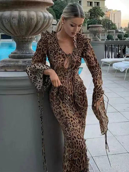 Disco Dresses- Animal Print Long Sleeve Slit Maxi Dress for Nighttime Events- - IndioGear Fashion and Gear