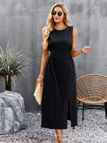 Dress- A-Line Tank Midi Dress with Side Leg Slit, Crew Neck & Cutout Torso- - IndioGear Fashion and Gear