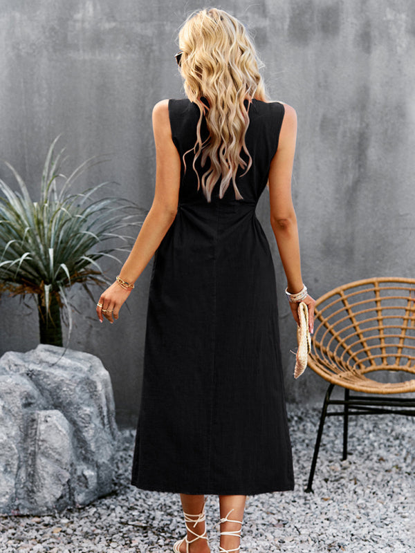 Dress- A-Line Tank Midi Dress with Side Leg Slit, Crew Neck & Cutout Torso- - IndioGear Fashion and Gear