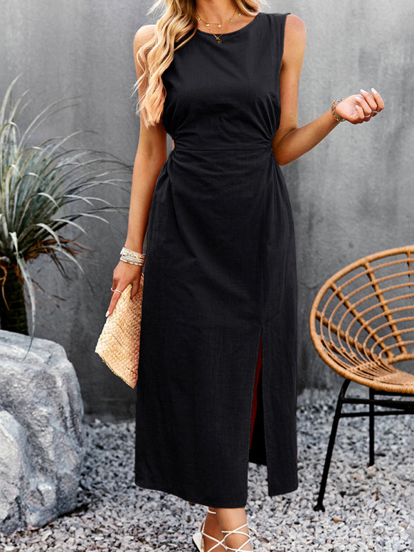 Dress- A-Line Tank Midi Dress with Side Leg Slit, Crew Neck & Cutout Torso- - IndioGear Fashion and Gear