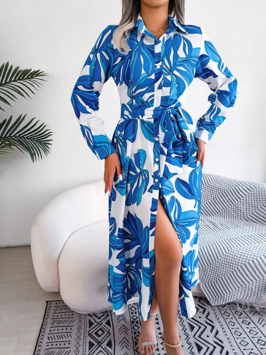 Dress- Abstract Print A-line Tie-Belt Long Shirt Dress with Long Sleeves- Blue- IndioGear Fashion and Gear