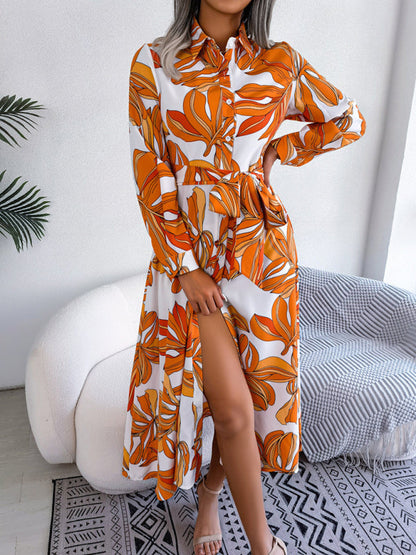 Dress- Abstract Print A-line Tie-Belt Long Shirt Dress with Long Sleeves- - IndioGear Fashion and Gear