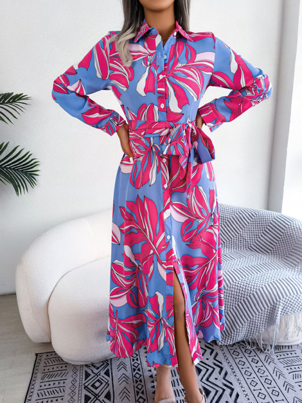 Dress- Abstract Print A-line Tie-Belt Long Shirt Dress with Long Sleeves- - IndioGear Fashion and Gear