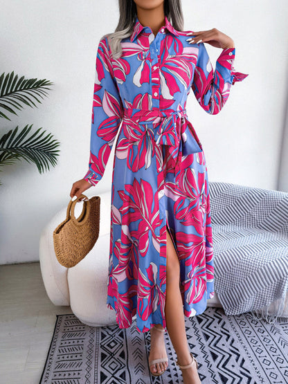 Dress- Abstract Print A-line Tie-Belt Long Shirt Dress with Long Sleeves- - IndioGear Fashion and Gear