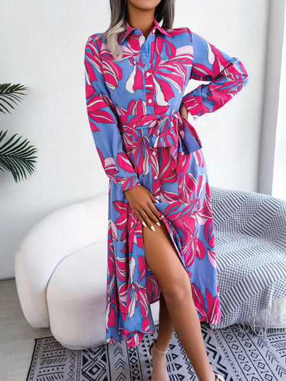 Dress- Abstract Print A-line Tie-Belt Long Shirt Dress with Long Sleeves- Rose- IndioGear Fashion and Gear