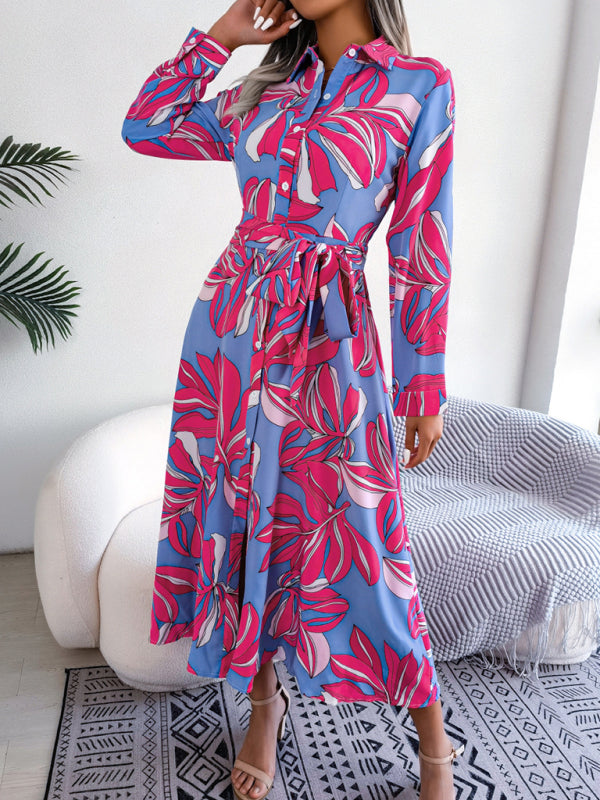 Dress- Abstract Print A-line Tie-Belt Long Shirt Dress with Long Sleeves- - IndioGear Fashion and Gear