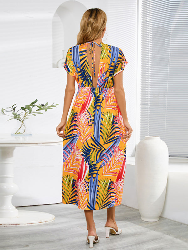 Dress- All Print Surplice V neck Elastic Waist Midi Dress- - IndioGear Fashion and Gear