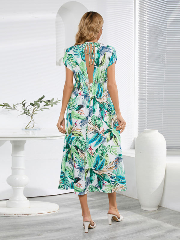 Dress- All Print Surplice V neck Elastic Waist Midi Dress- - IndioGear Fashion and Gear