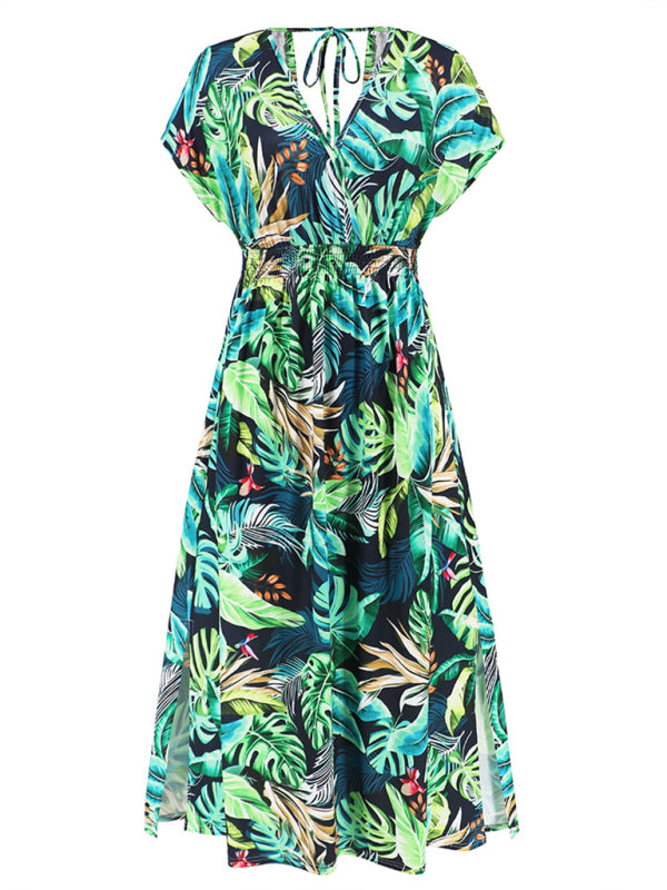 Dress- All Print Surplice V neck Elastic Waist Midi Dress- - IndioGear Fashion and Gear