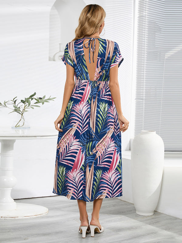 Dress- All Print Surplice V neck Elastic Waist Midi Dress- - IndioGear Fashion and Gear