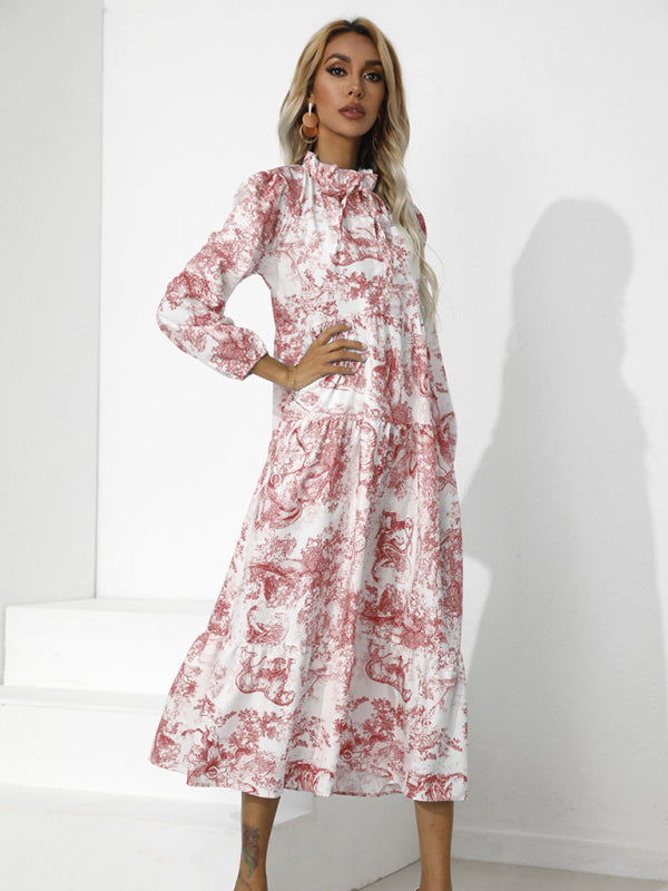 Dress- Autumn Floral Cotton Loose Tiered Sleeve Marxi Dress- - IndioGear Fashion and Gear