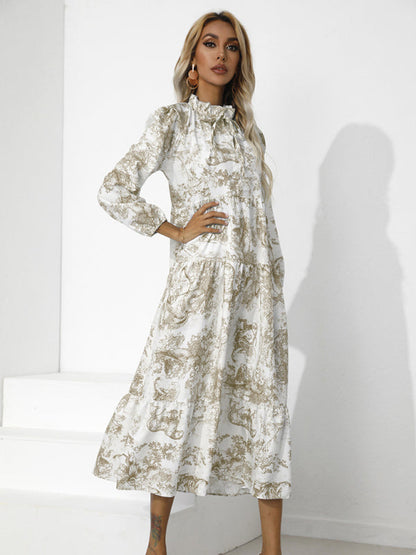 Dress- Autumn Floral Cotton Loose Tiered Sleeve Marxi Dress- - IndioGear Fashion and Gear