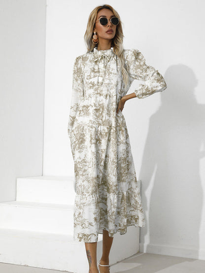 Dress- Autumn Floral Cotton Loose Tiered Sleeve Marxi Dress- - IndioGear Fashion and Gear