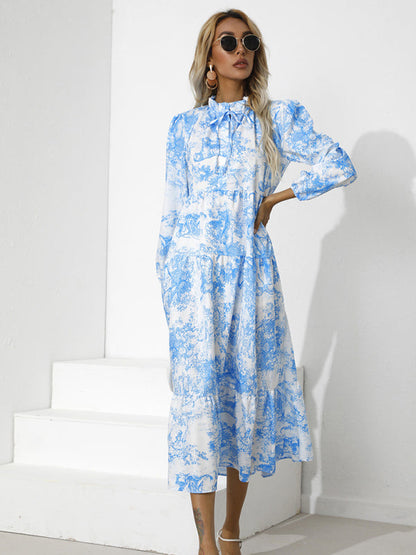 Dress- Autumn Floral Cotton Loose Tiered Sleeve Marxi Dress- - IndioGear Fashion and Gear