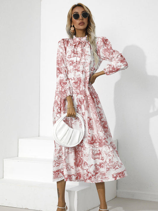 Dress- Autumn Floral Cotton Loose Tiered Sleeve Marxi Dress- Red- IndioGear Fashion and Gear