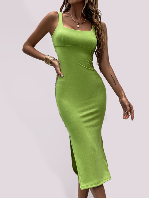 Dress- Be Bold in Our Sexy Square Neck Bodycon Midi Dress!- Green- IndioGear Fashion and Gear