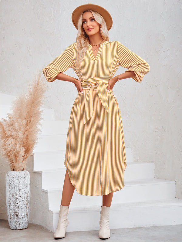 Dress- Bishop Sleeve V-Neck Striped Midi Dress with Curved Hem- - IndioGear Fashion and Gear