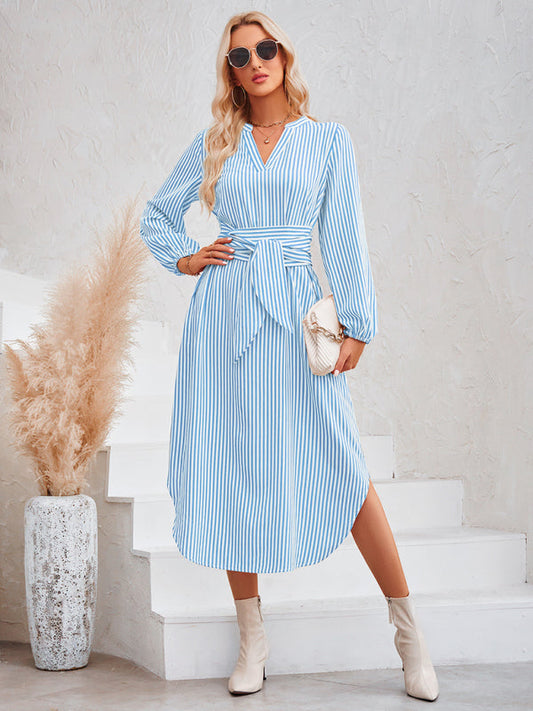 Dress- Bishop Sleeve V-Neck Striped Midi Dress with Curved Hem- Blue- IndioGear Fashion and Gear