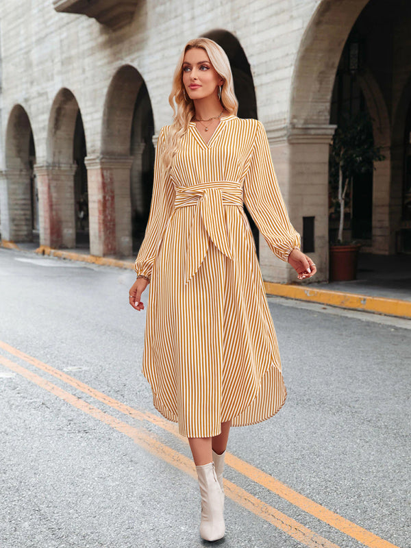 Dress- Bishop Sleeve V-Neck Striped Midi Dress with Curved Hem- - IndioGear Fashion and Gear