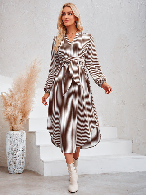 Dress- Bishop Sleeve V-Neck Striped Midi Dress with Curved Hem- - IndioGear Fashion and Gear