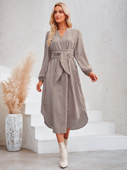 Dress- Bishop Sleeve V-Neck Striped Midi Dress with Curved Hem- - IndioGear Fashion and Gear